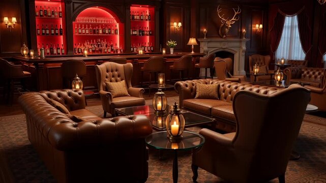 Classic luxury bar lounge interior featuring brown leather Chesterfield sofas and warm red lighting in a cinematic 3D animation, ideal for exclusive hospitality backgrounds.