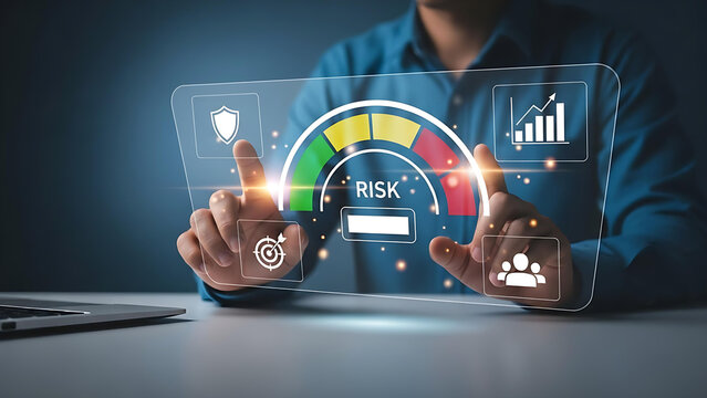 Risk assessment dashboard with gauge meter and business analytics icons, corporate security management concept