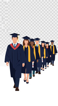 Graduates in caps and gowns walking in a line.