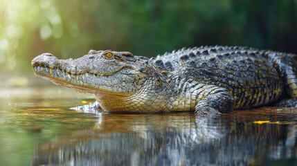 Close-up of a large crocodile resting in shallow water. Features detailed skin texture, bright eyes, and water reflections in a lush green jungle environment with soft morning light