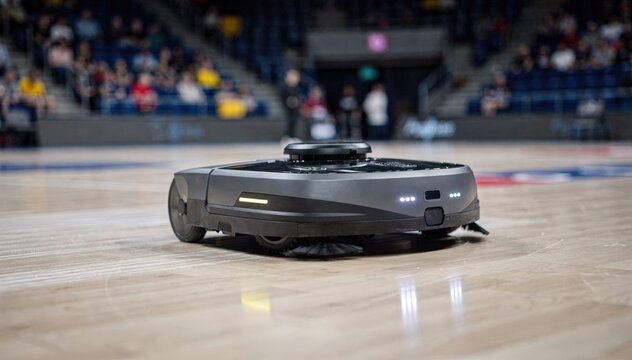 Medium shot of an autonomous floor cleaner silently navigating an arena court during event changeover with a blurred background of stadium seats.