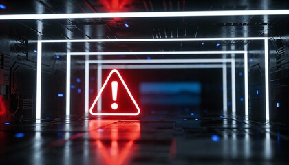 Red Digital LED Alert Sign with Exclamation Mark Triangle. Glowing Emergency Warning Display on Dark Reflective Background. Cyber Security, System Failure and Danger Concept 3D Illustration