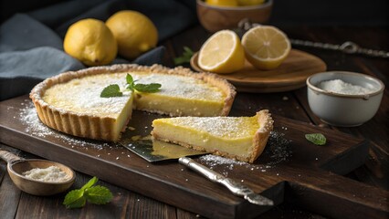 Three quarter angle close up of sliced lemon tart on dark wooden board with creamy filling crumbly crust mint and lemon zest in moody rustic light
