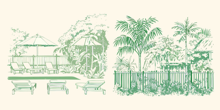 A serene sketch of a poolside patio with tropical plants and umbrellas