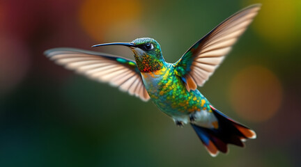 Obraz premium Hummingbird in Flight, Vibrant Colors and Bokeh Background