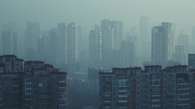 Empty modern city skyline swallowed by dust and haze, broken windows reflecting dull light. No signs of life remain, creating a vast, cinematic vision of post-war silence and urban desolation.

