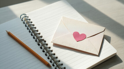 Envelope with heart on notebook and pencil, romantic message stationery flat lay with copy space