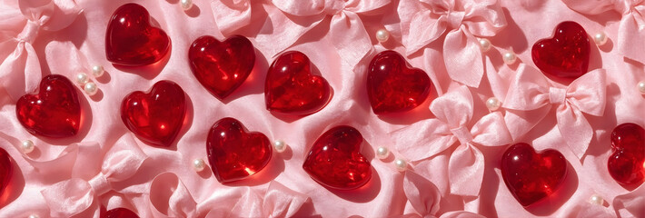Romantic pink silk background with red glass hearts, satin bows and pearls, Valentine's Day banner
