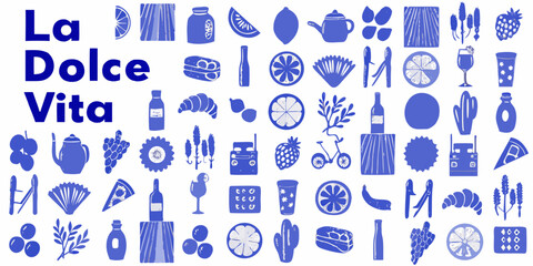 Blue monochromatic pattern featuring italian themed icons and the text la dolce vita © Amrito