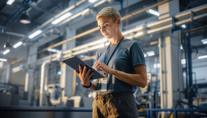 Fototapeta premium Factory technician using digital tablet for industrial inspection and monitoring