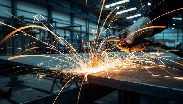 Industrial welding process with bright sparks in workshop, metal fabrication concept
