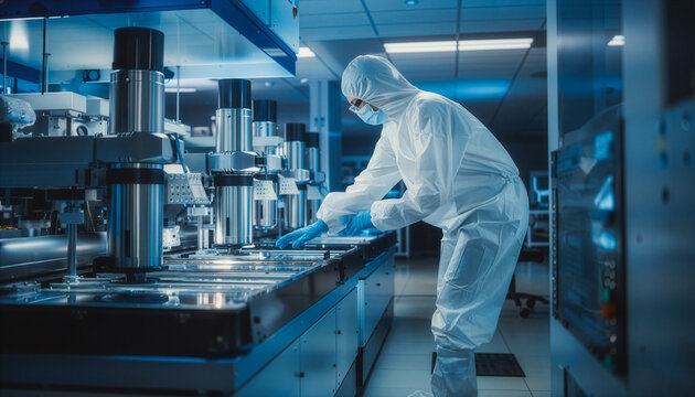 Cleanroom technician adjusting automated semiconductor manufacturing equipment in modern facility