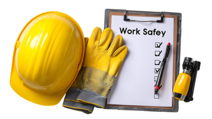 Yellow safety helmet and work safety equipment on clipboard isolated on transparent background