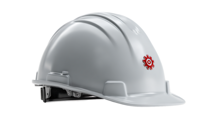 Gray hard hat with red logo on the side for safety isolated on transparent background