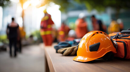 Fototapeta na wymiar Work site and helmets physical image disaster relief volunteers concept emergency response equipment rescue operation preparation safety gear crisis management tools with cop