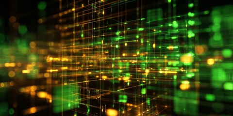 Illuminated grid of data streams glows with digital energy.