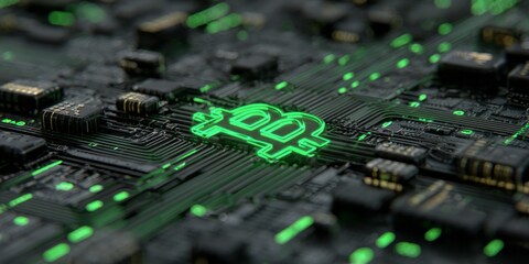 Digital currency symbol glows on intricate circuit board, representing finance.
