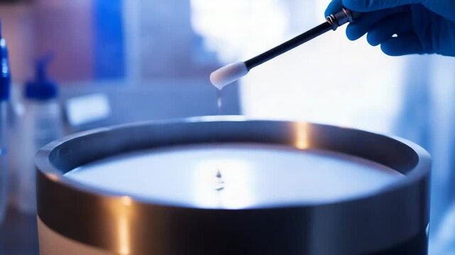 Scientist using liquid nitrogen for cryopreservation in a laboratory