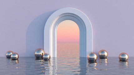 Surreal Archway to Sunset: Tranquil Water Scene and Dreamlike Atmosphere