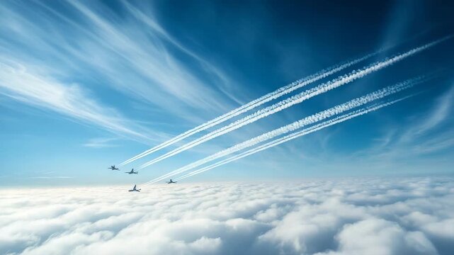 Military jets formation flying above the clouds