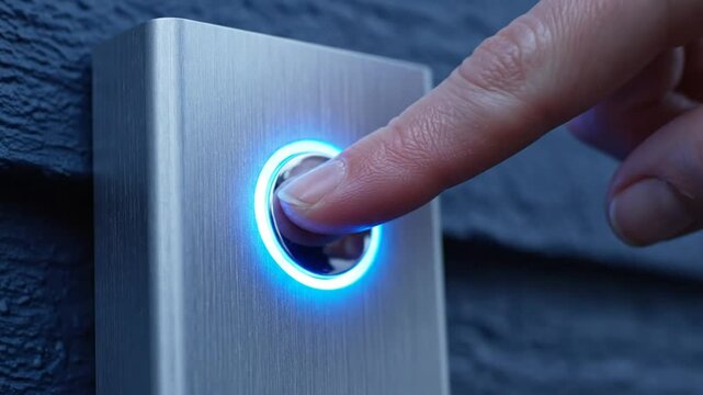 Close up of person's finger pressing modern doorbell button with glowing blue light, signaling someone at the front door
