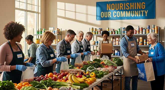 Diverse volunteers actively work together distributing food aid and supplies within a community support center