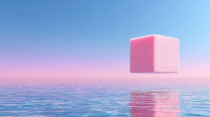 Pink Cube Reflects On Water Under Blue Gradient Sky: Conceptual Art