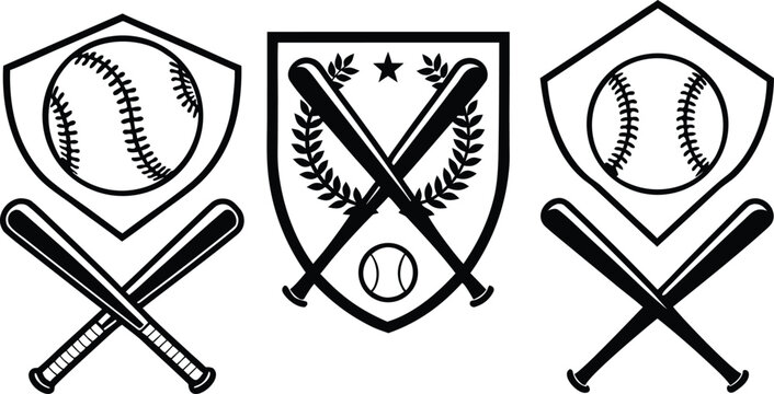 Baseball sports logos with bats and balls shields and equipment icons