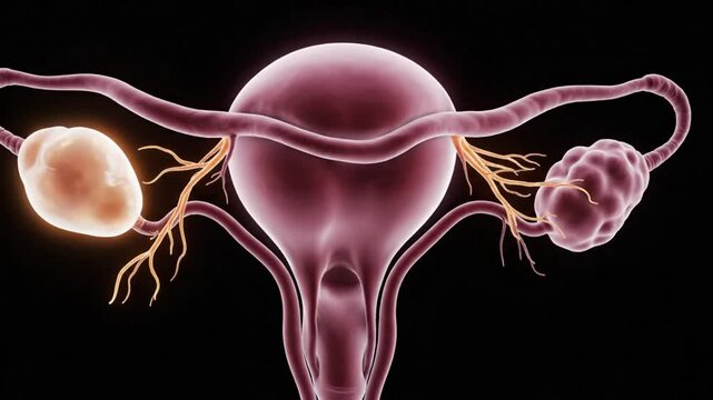 Anatomical Illustration of the Female Reproductive System, Uterus, Ovaries and Fallopian Tubes on a Black Background