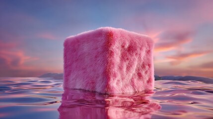 Pink Furry Cube Reflect in Dreamy Ocean at Sunset, Surreal Aesthetic