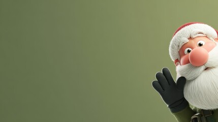 Cartoon Santa Wave Hello on Green Backdrop, Festive Holiday Season Cheer