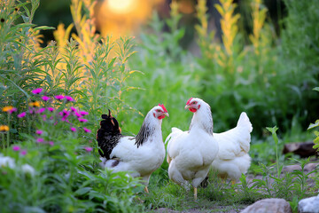 Freedom Ranger chickens are gathered in a lush garden with vibrant flowers and greenery, showcasing their distinctive plumage and natural habitat during golden hour light