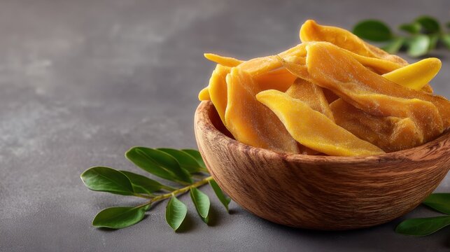 Bowl of sliced mangoes on a grey table. The bowl is wooden and the mango slices are arranged in a pile