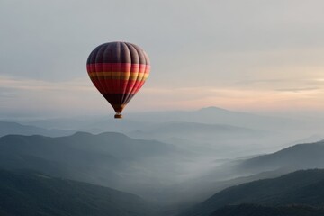 Fototapeta premium Colorful hot air balloon over serene mountain landscape at sunrise