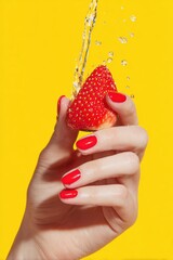 Strawberry held in hand, water splash, vibrant, fresh and colorful theme