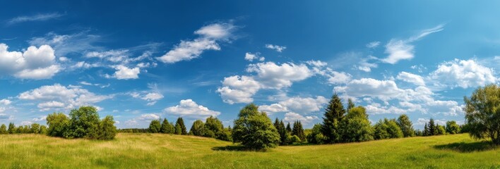 Obraz premium Idyllic summer landscape with rolling fields and vibrant blue sky