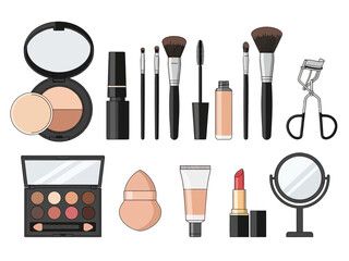 Collection of various makeup products and tools illustrated on a white background