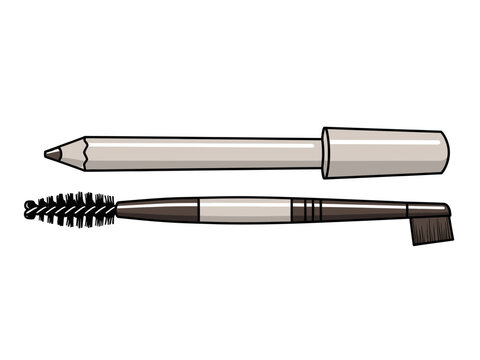 Illustration of an eyebrow pencil and a dualended spooliebrush tool