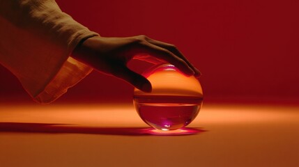 Mystical Fortune Telling: Hand Touch Illuminated Sphere in Red Setting