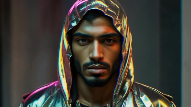 8K Cyber-Urban Style: Cinematic view of male model in asymmetric hoodie with ray-traced neon city reflections and reflective PBR textures