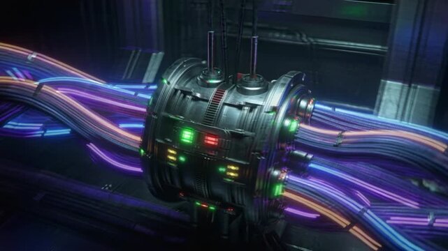 Dense bundles of glowing fiber‑optic cables converging into a central node with neon accents and deep shadows, creating a futuristic industrial mood with clean high‑tech detail.