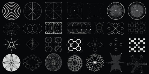 Collection of abstract geometric shapes and patterns on a dark background