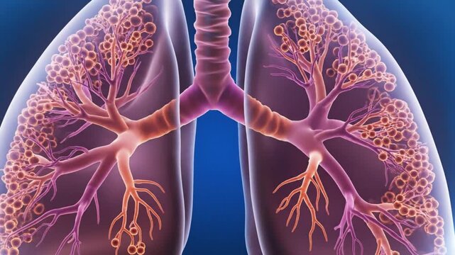 Visual depiction of the human lungs showing the trachea and bronchi, with an animation of the alveoli