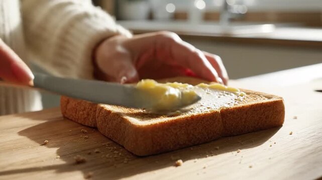 Buttering a Slice of Bread on a Wooden Cutting Board