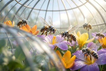 Futuristic robotic bees pollinating colorful flowers inside a modern glass greenhouse