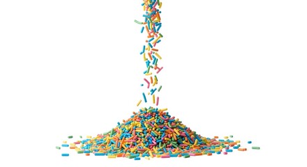 Vibrant multicolored candy sprinkles falling in a steady stream to accumulate into a colorful sugar pile against a bright white background for confectionery art.