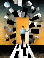 Man Step Through Door to Musical Path, New Opportunity, Dream, Future