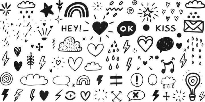 Collection of hand drawn doodles including hearts lightning clouds and positive messages