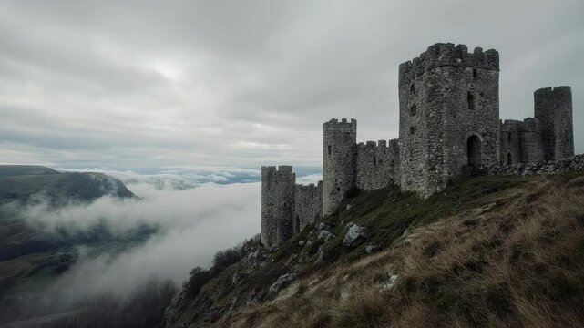 Stone fortress atop a misty mountain ridge overlooking a cloud-filled valley
