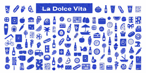 A collection of blue icons depicting food travel and everyday objects © MSTShikha